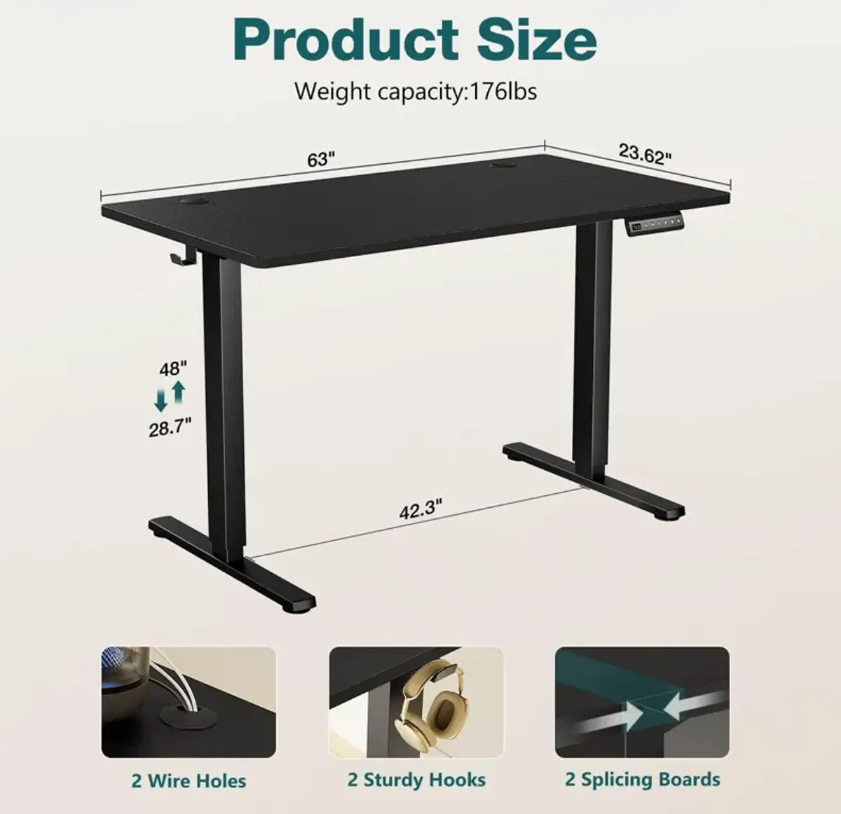 Electric Height Adjustable Standing Desk, Sit To Stand Ergonomic Computer Desk, Black, 63" X 24"