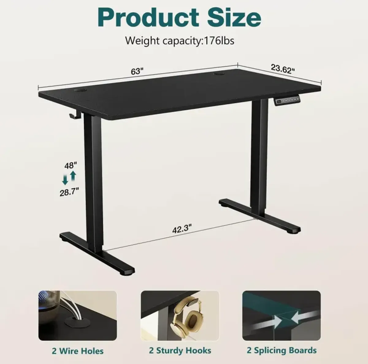 Electric Height Adjustable Standing Desk, Sit To Stand Ergonomic Computer Desk, Black, 63" X 24"