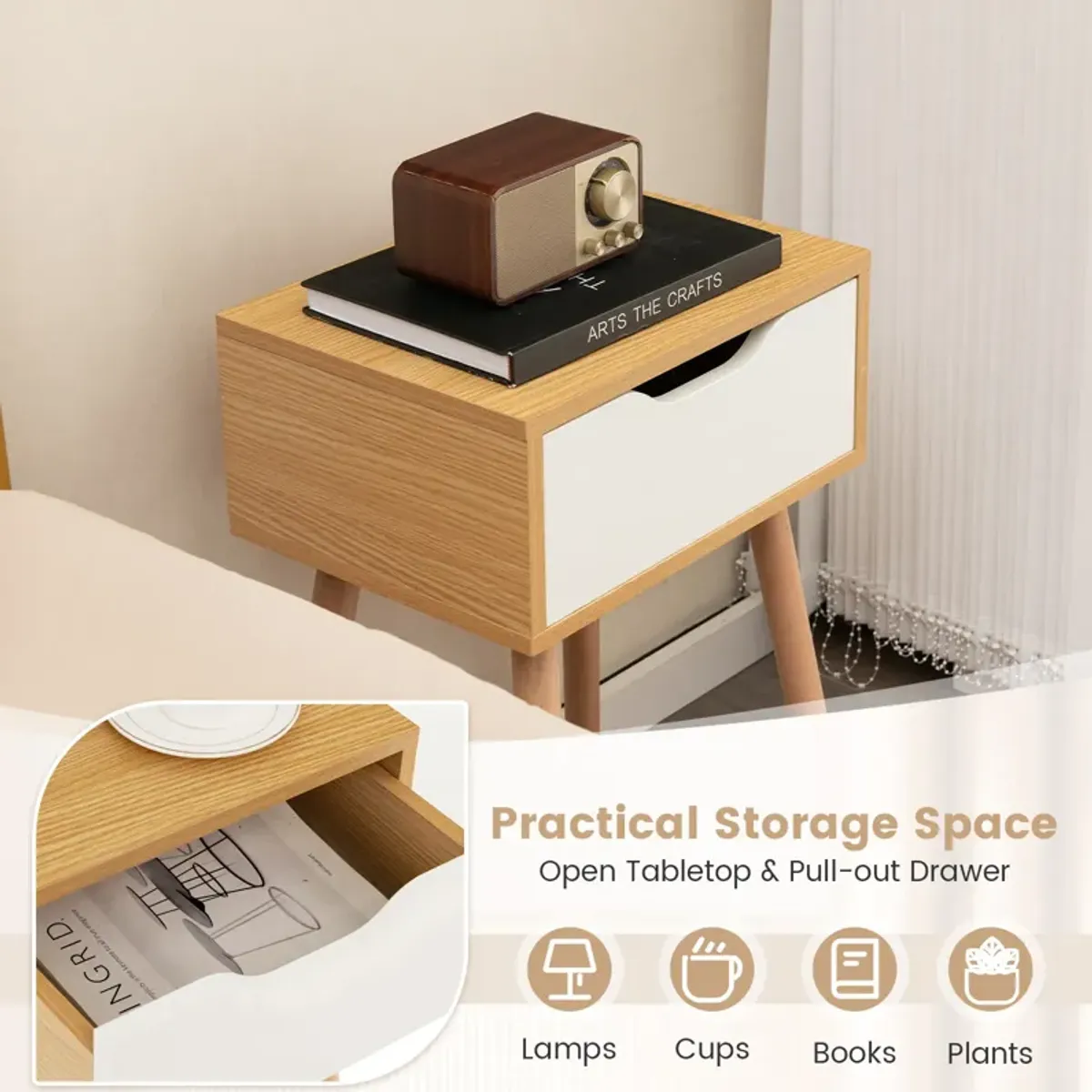 Modern Nightstand with Storage Drawer for Bedroom Living Room-1 Piece