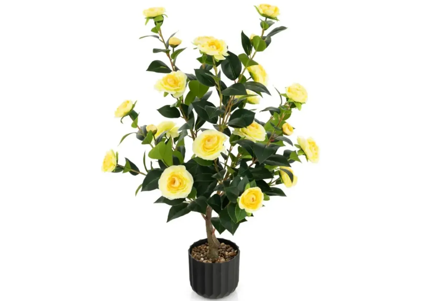 Hivvago 38 Inch Artificial Camellia Tree Faux Flower Plant in Cement Pot