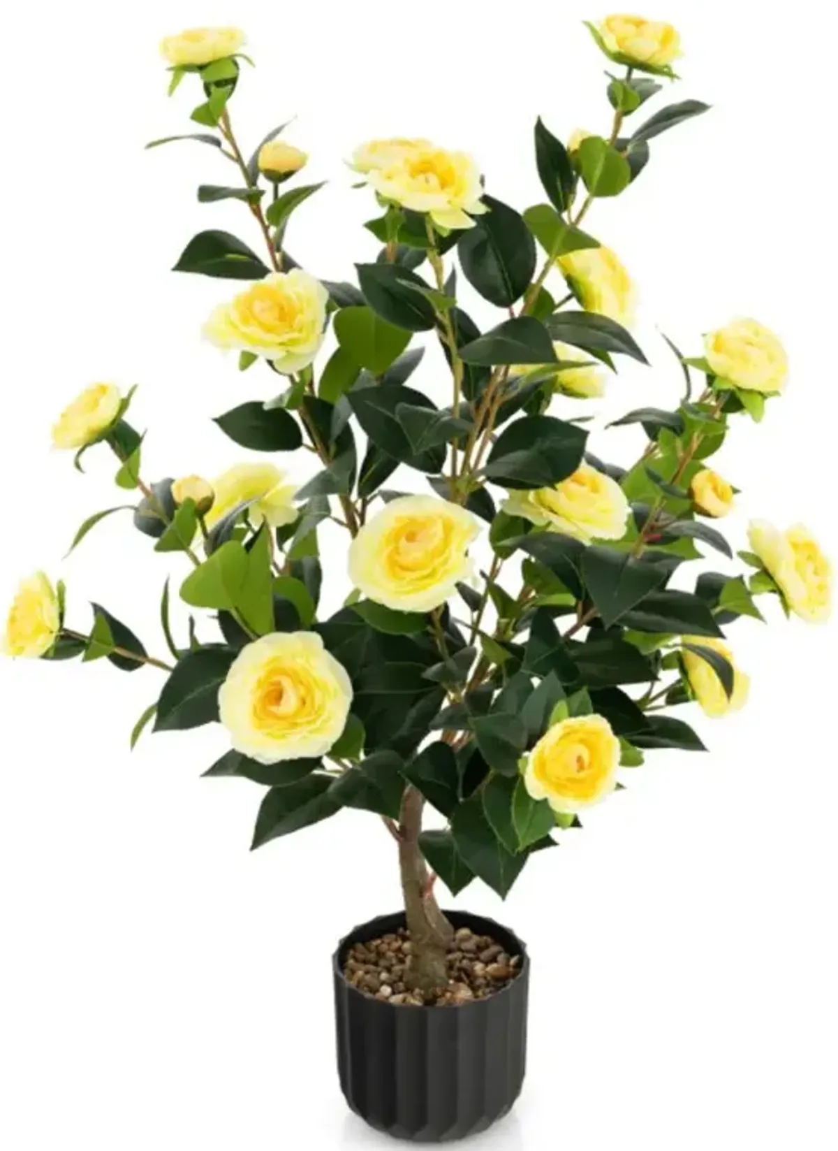 Hivvago 38 Inch Artificial Camellia Tree Faux Flower Plant in Cement Pot