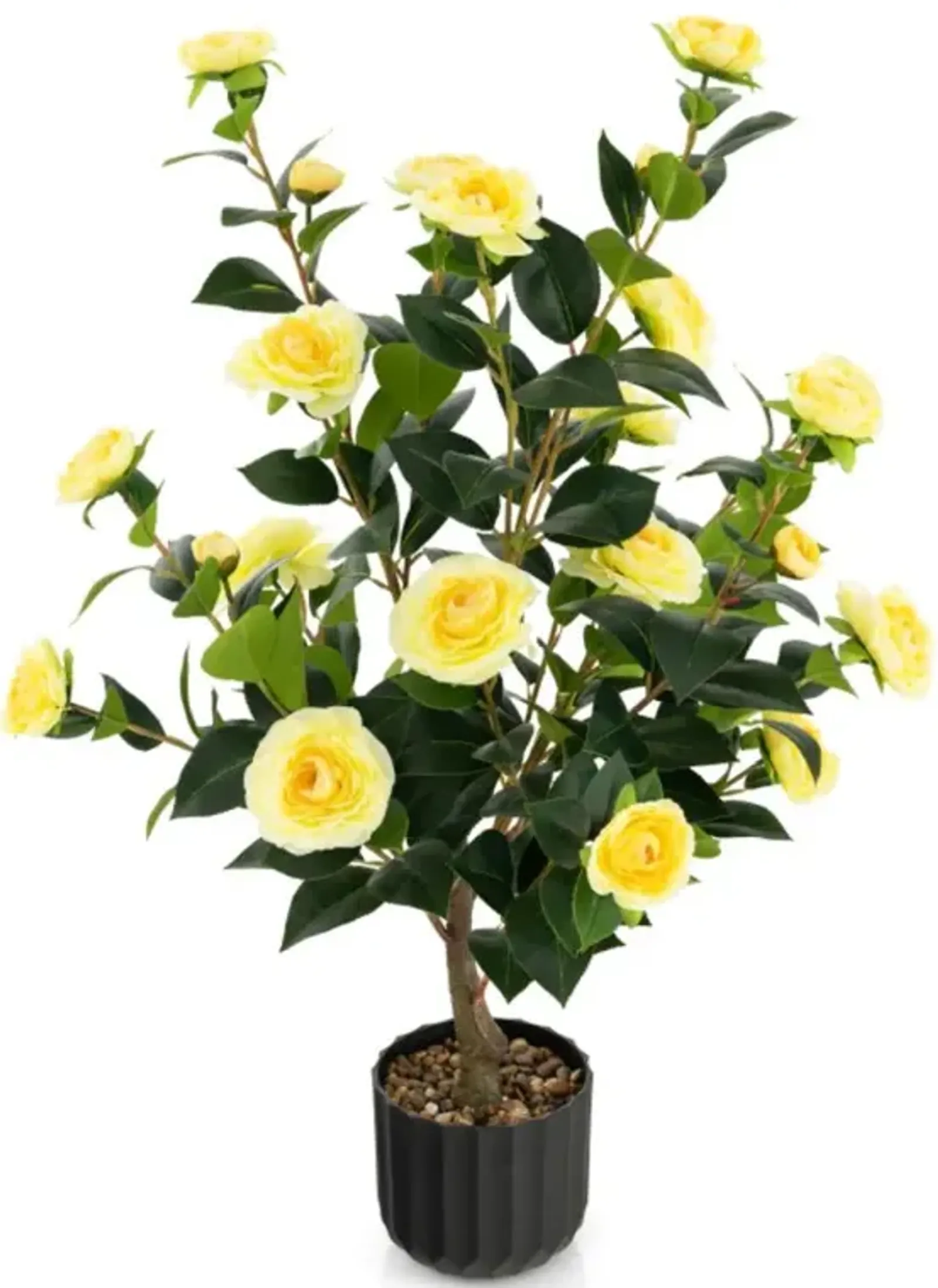 Hivvago 38 Inch Artificial Camellia Tree Faux Flower Plant in Cement Pot