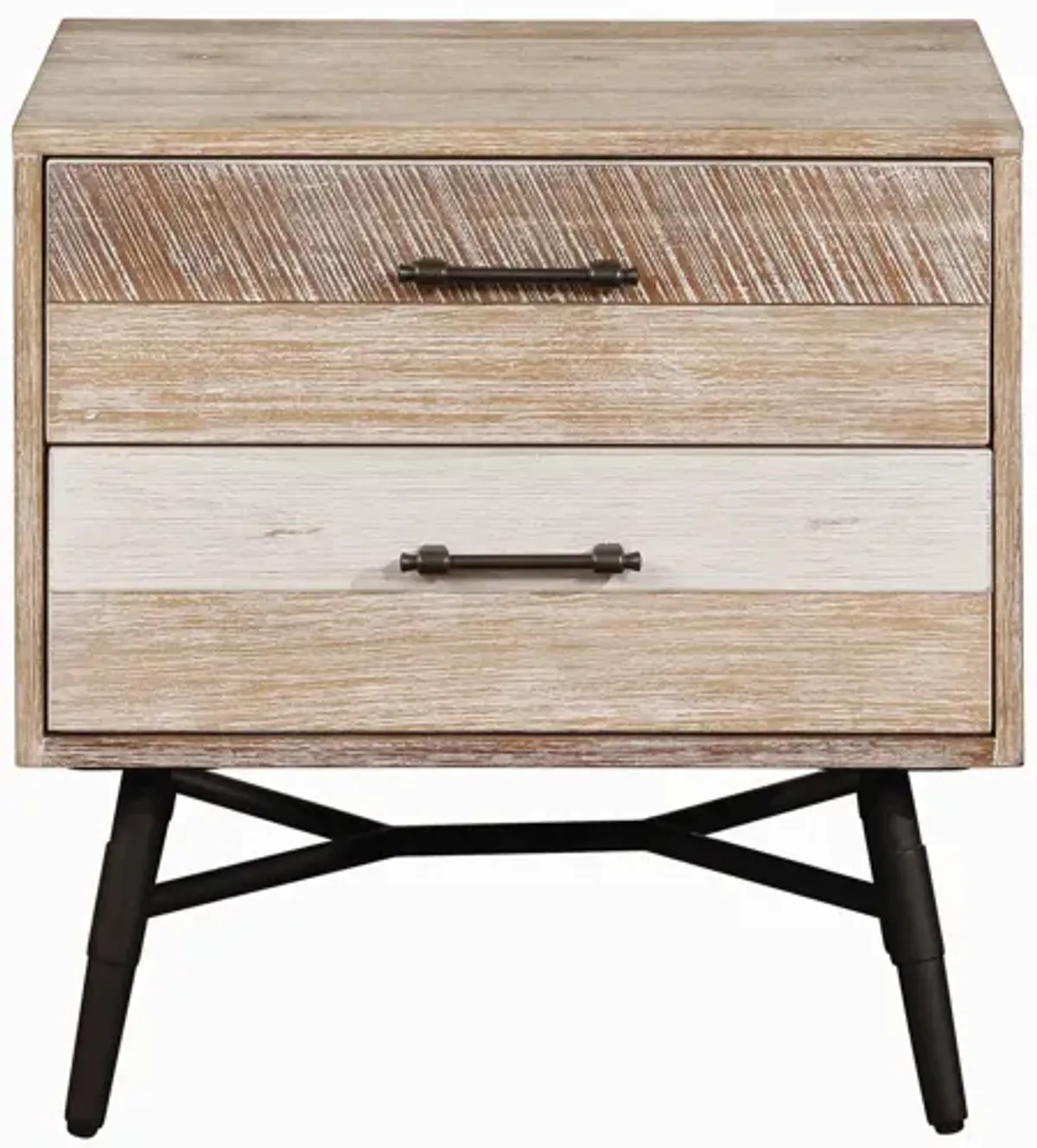 Two Drawer Wooden Nightstand with Metal Angled Legs, Brown and Black-Benzara