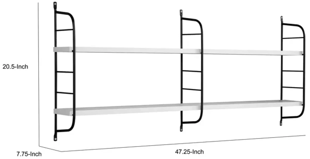 Cox 47 Inch Two Tier Wall Mounted Metal Shelf, 5 Adjustable Heights, White-Benzara