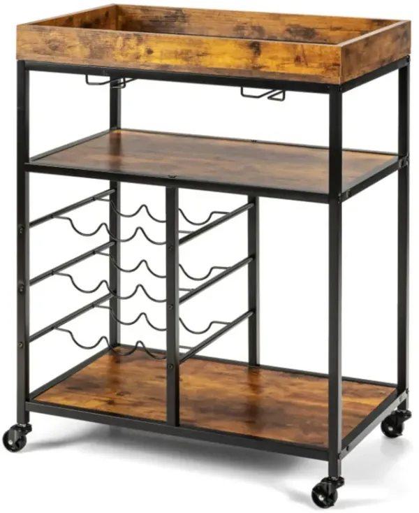 Hivvago 3-Tier Wood Rolling Kitchen Serving Cart with 9 Wine Bottles Rack Metal Frame