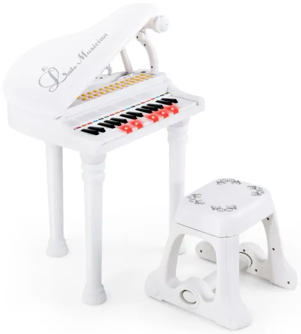 31 Keys Kids Piano Keyboard with Stool and Piano Lid-White