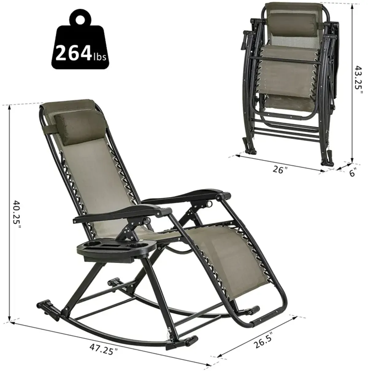 Grey Patio Lounger: Zero Gravity Rocker with Headrest & Phone Holder