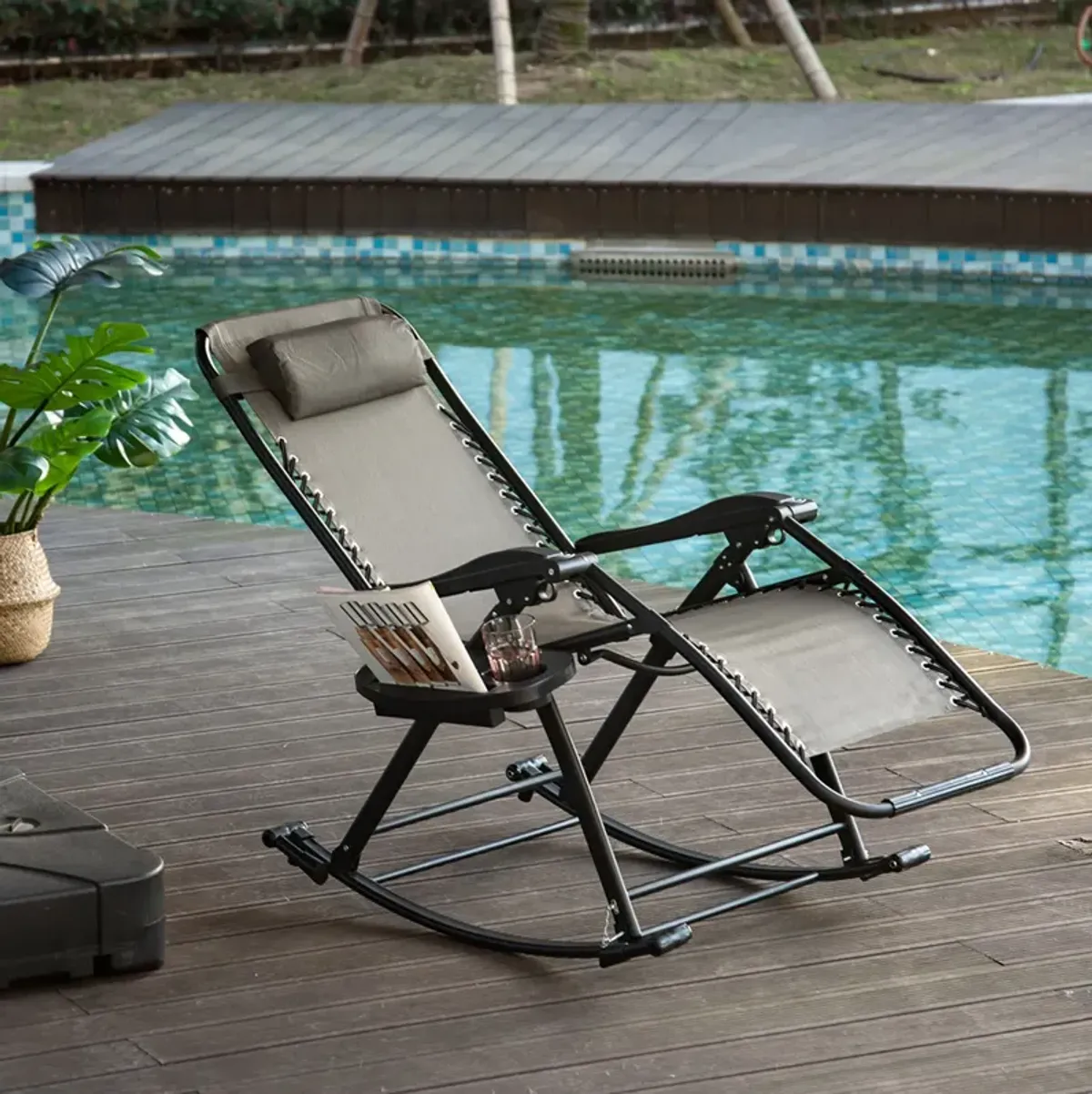 Grey Patio Lounger: Zero Gravity Rocker with Headrest & Phone Holder