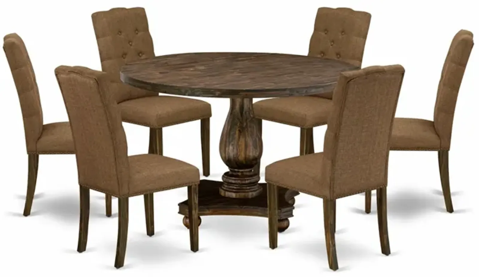 East West Furniture I2EL7-718 7Pc Dining Set - Round Table and 6 Parson Chairs - Distressed Jacobean Color