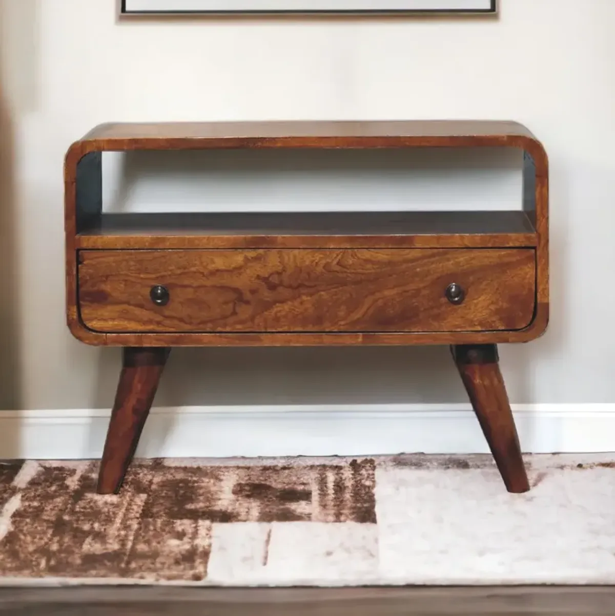 Mini Chestnut Curved Solid Wood Media Unit 1Drawers