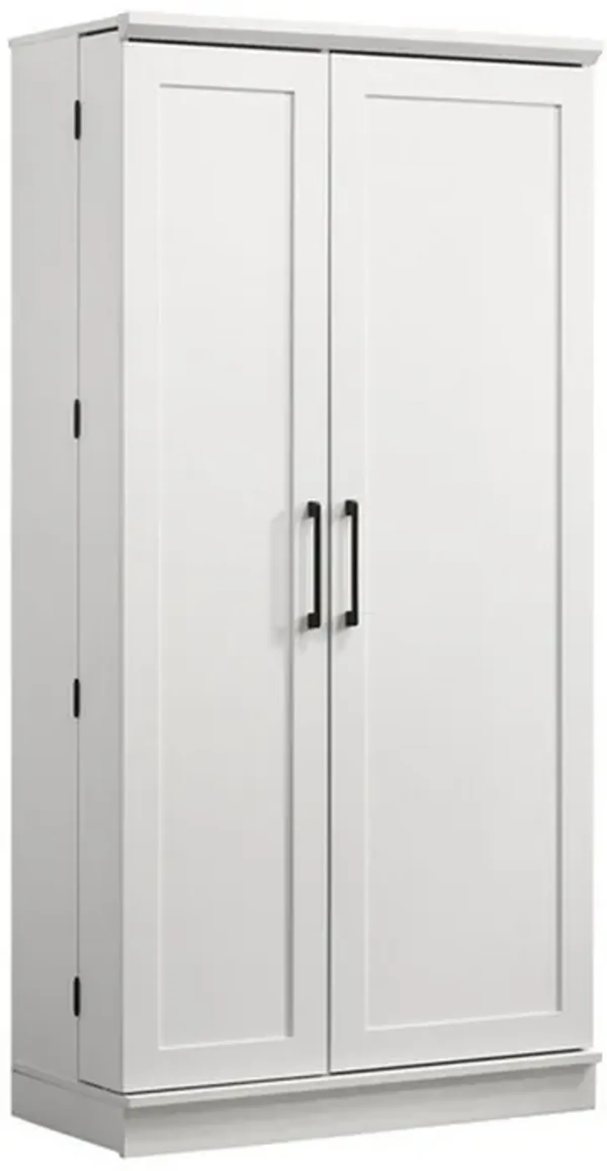 Coe 71 Inch Storage Cabinet Wardrobe with Swing Out Door, White Solid Wood - Benzara
