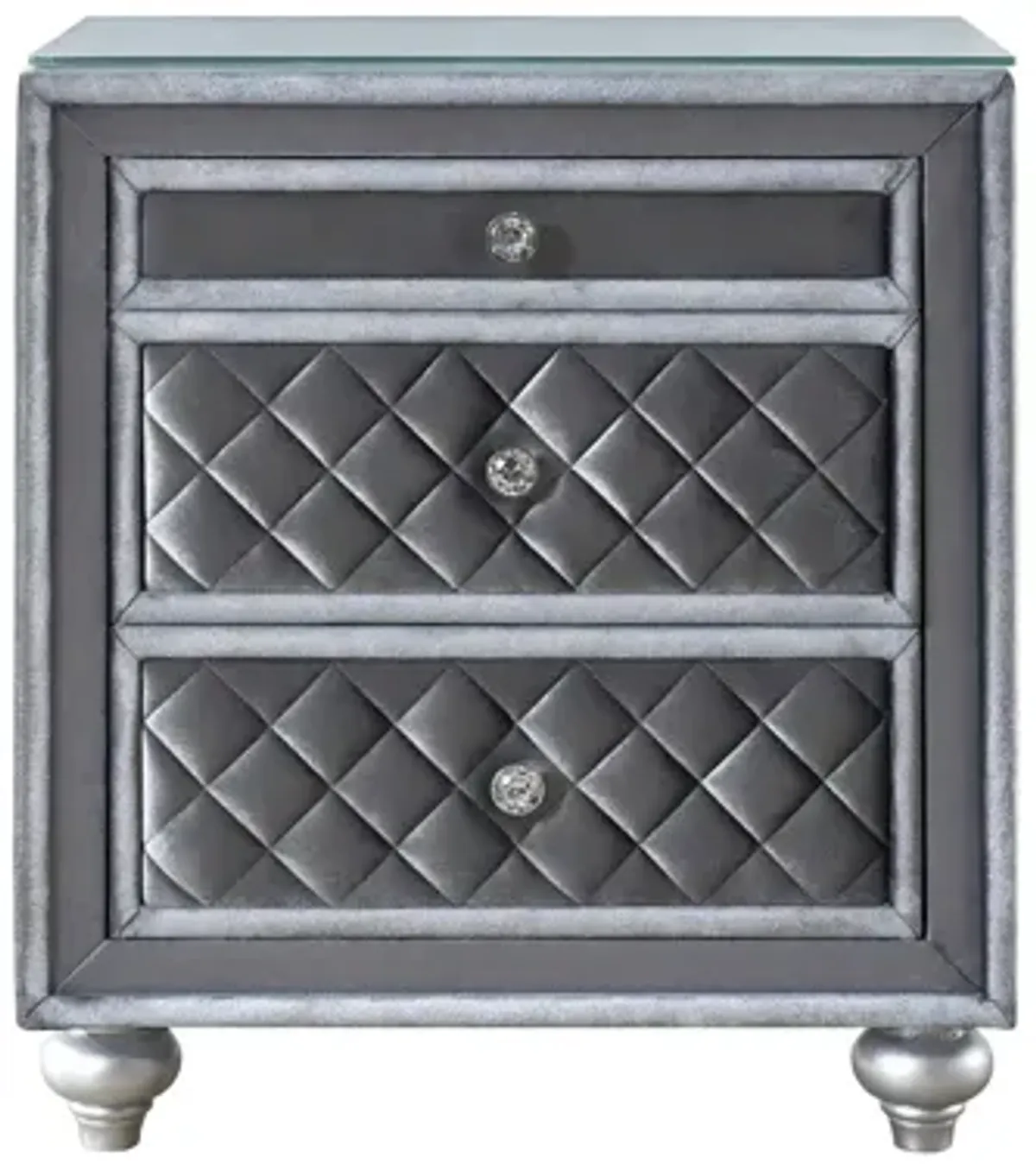 Yin 30 Inch 3 Drawer Nightstand, Glass Top, Crystal Knobs, Gray Velvet-Benzara