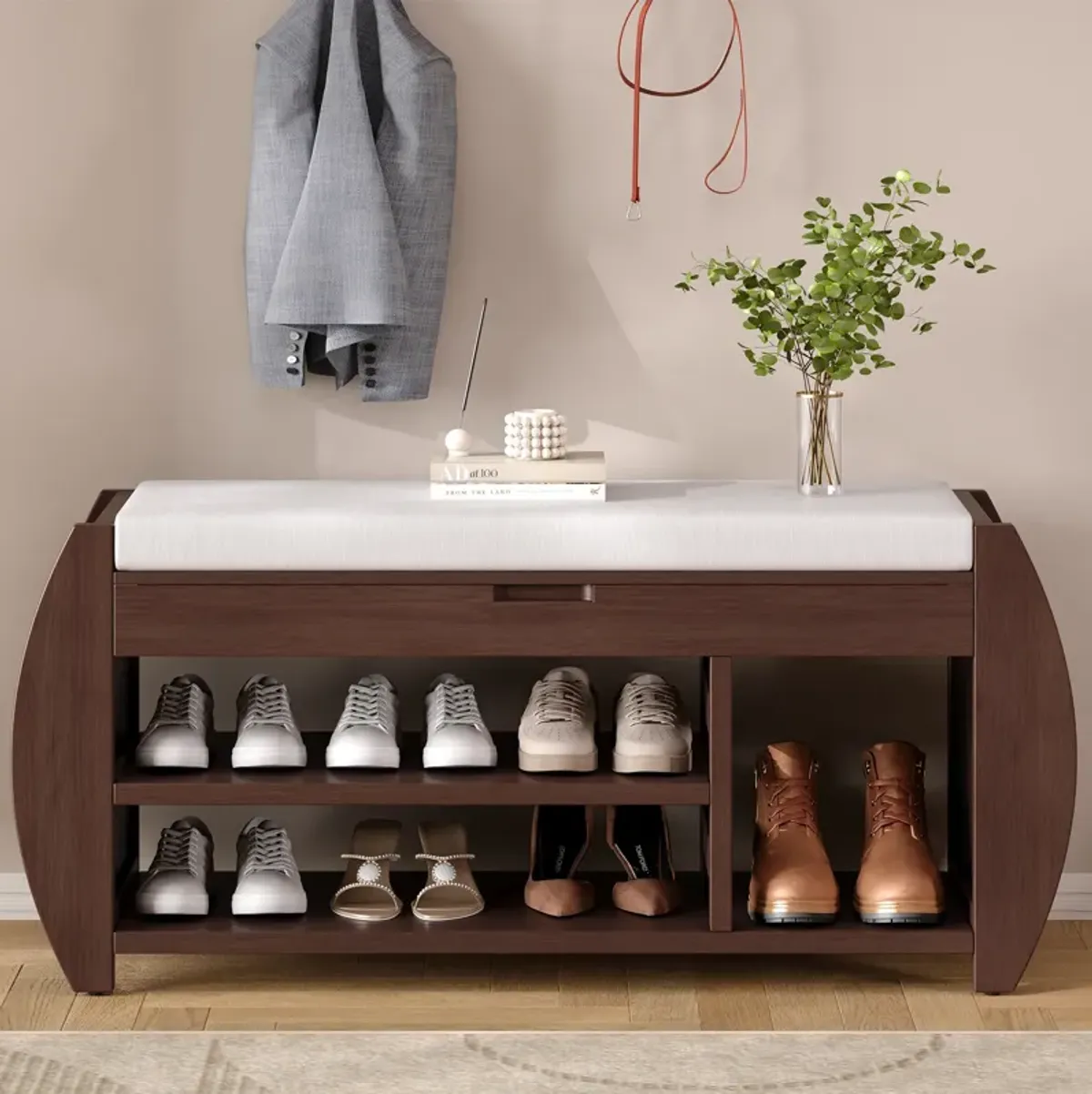 Clihome Shoe Storage Bench, Shoe Bench with Cushion and Curved Side, Shoe Bench Retro Multifunctional Panel for Entryway and Living room, Black