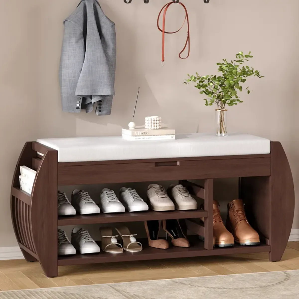 Clihome Shoe Storage Bench, Shoe Bench with Cushion and Curved Side, Shoe Bench Retro Multifunctional Panel for Entryway and Living room, Black