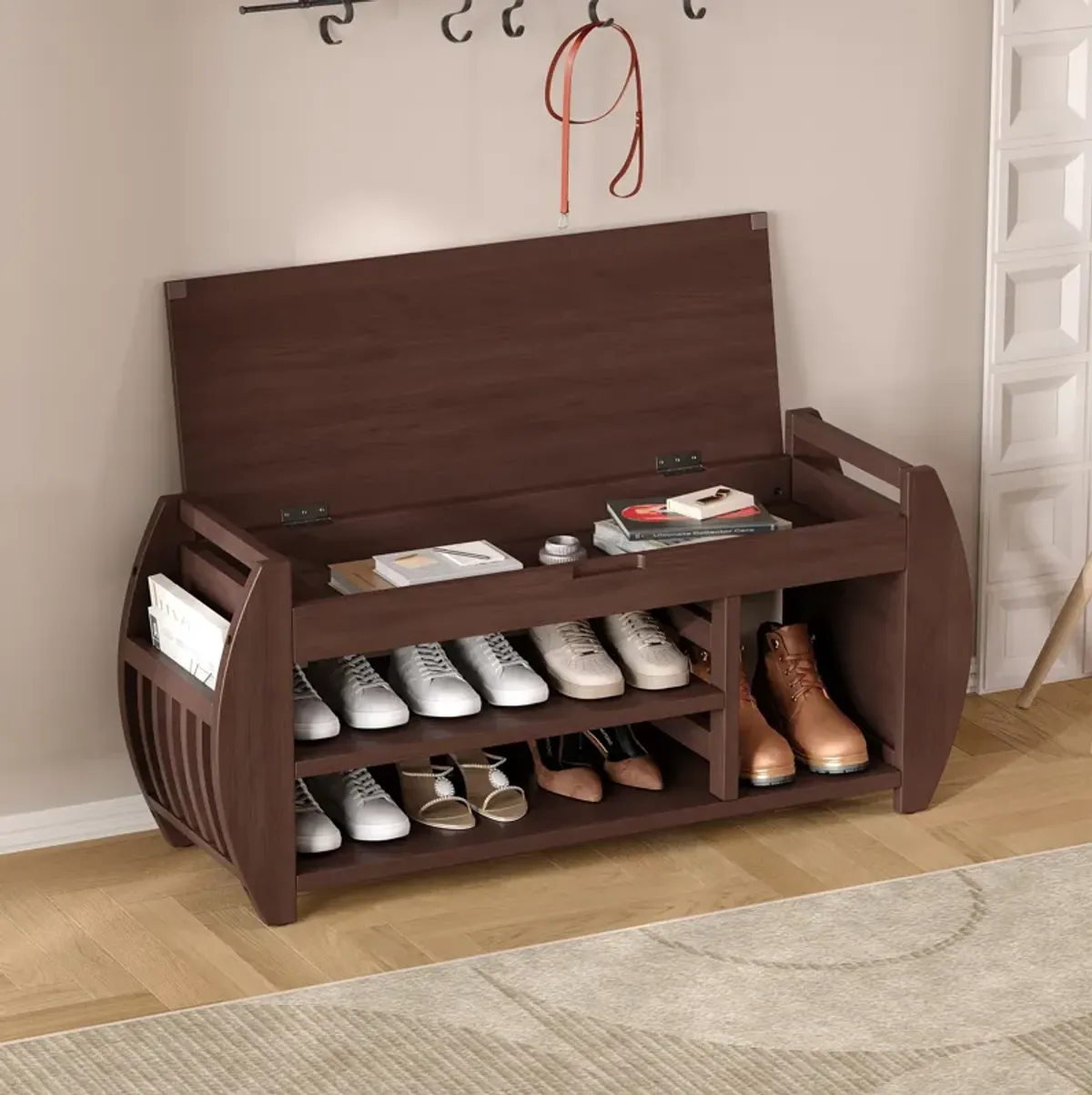 Clihome Shoe Storage Bench, Shoe Bench with Cushion and Curved Side, Shoe Bench Retro Multifunctional Panel for Entryway and Living room, Black