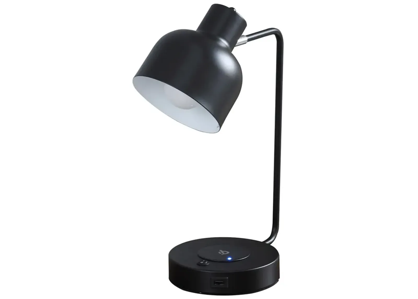 15 Inch Metal Table Lamp, Adjustable Shade, Wireless Charging, Black-Benzara