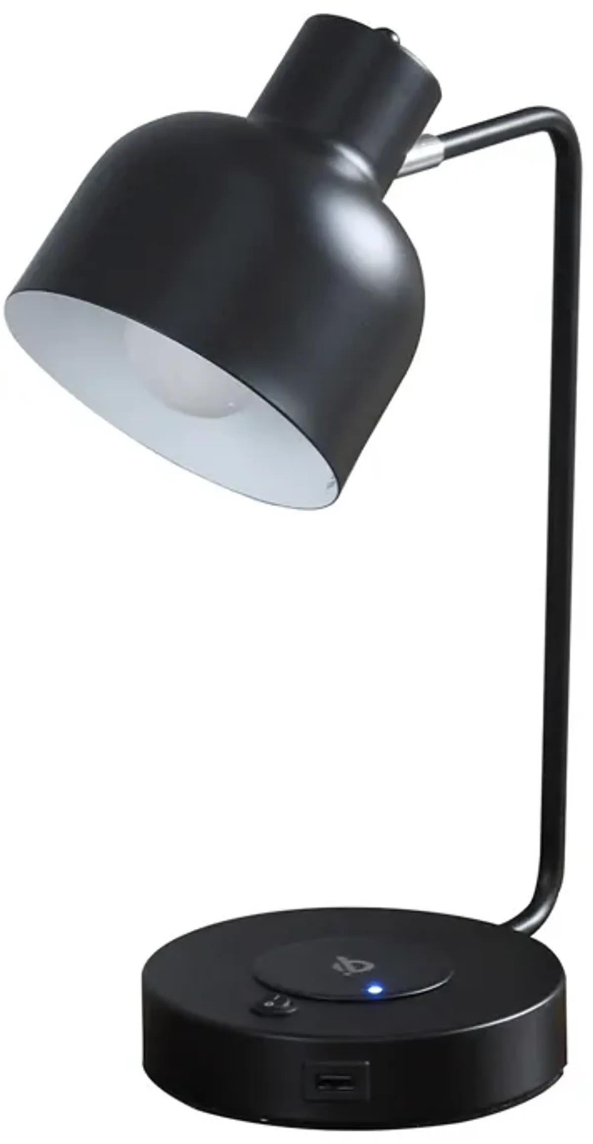 15 Inch Metal Table Lamp, Adjustable Shade, Wireless Charging, Black-Benzara