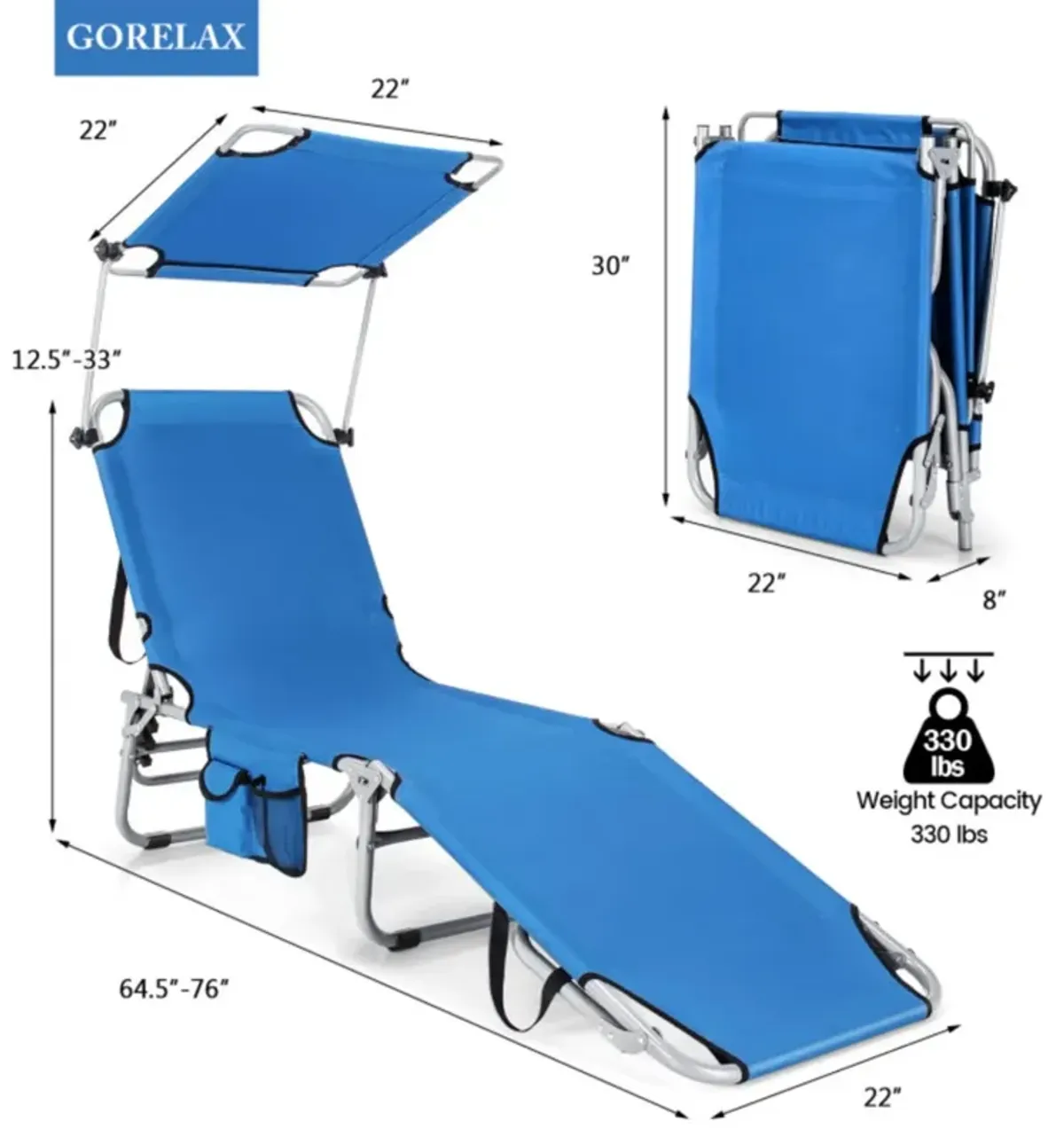 Hivvago Adjustable Outdoor Beach Patio Pool Recliner with Sun Shade