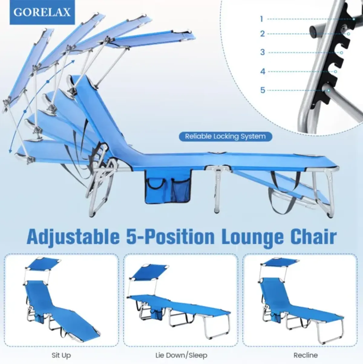 Hivvago Adjustable Outdoor Beach Patio Pool Recliner with Sun Shade