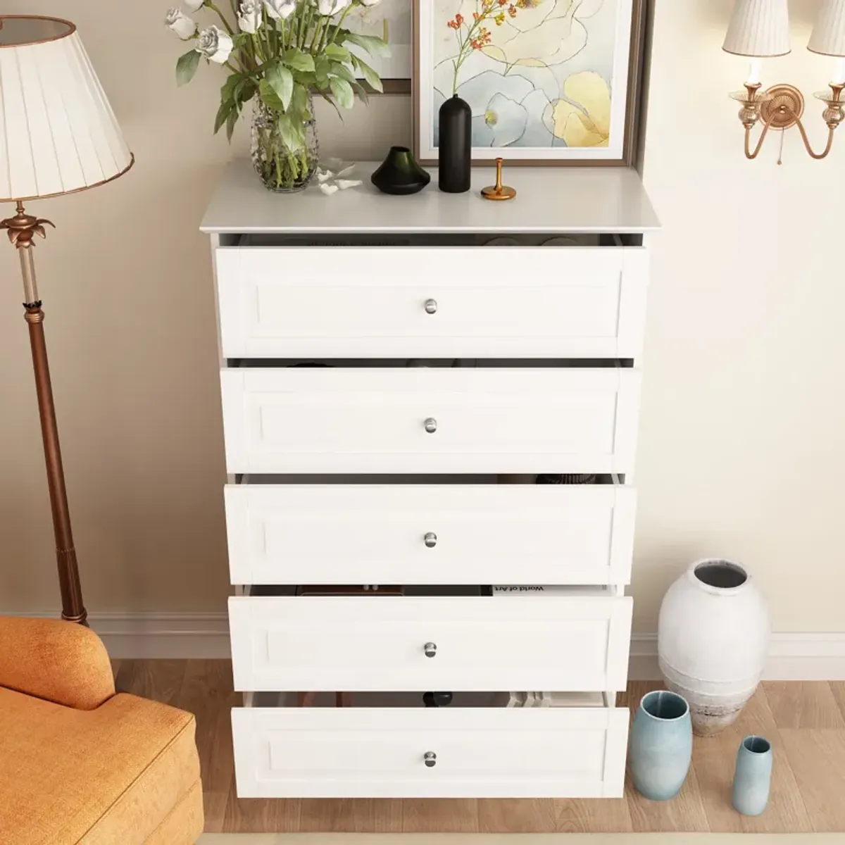 FUFU&GAGA Contemporary 5-Drawer Dresser with Durable MDF Construction and Metal Handles,(31.5" W x 15.7" D x 47.2" H),White