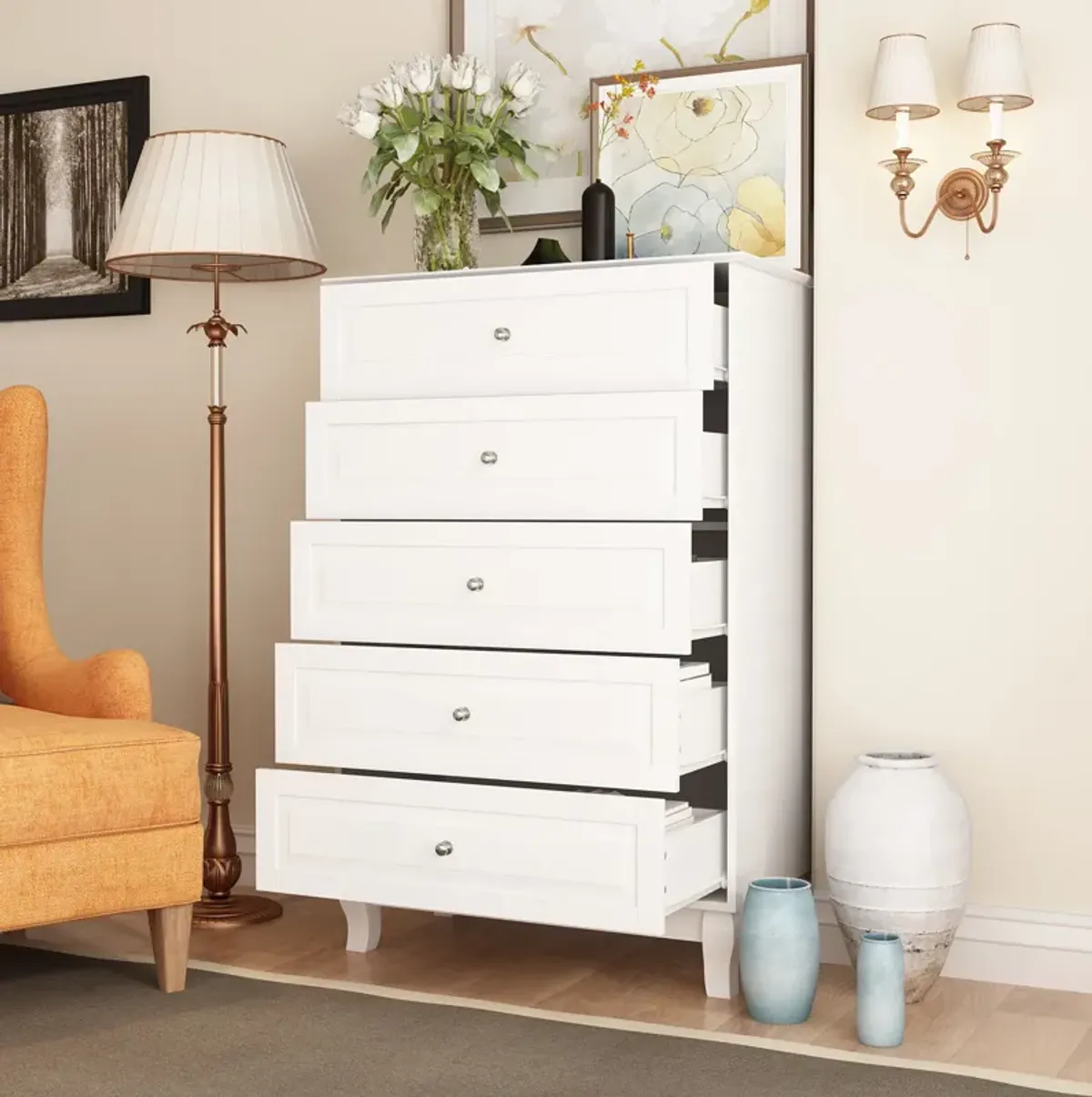 FUFU&GAGA Contemporary 5-Drawer Dresser with Durable MDF Construction and Metal Handles,(31.5" W x 15.7" D x 47.2" H),White