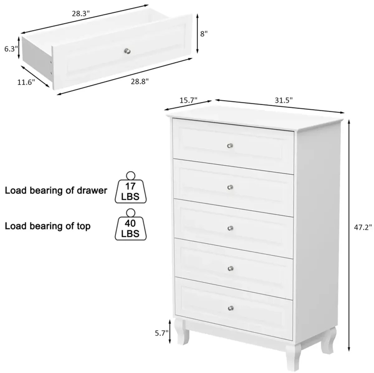 FUFU&GAGA Contemporary 5-Drawer Dresser with Durable MDF Construction and Metal Handles,(31.5" W x 15.7" D x 47.2" H),White