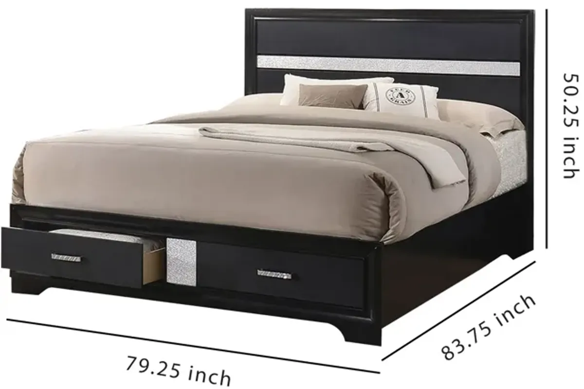 Wooden Eastern King Size Bed with 2 Storage Drawers, Black and Silver-Benzara