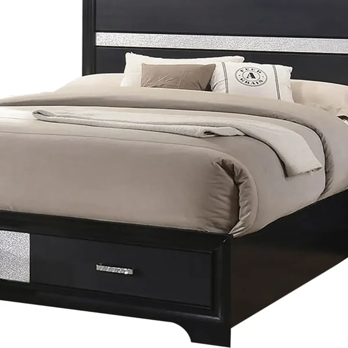 Wooden Eastern King Size Bed with 2 Storage Drawers, Black and Silver-Benzara