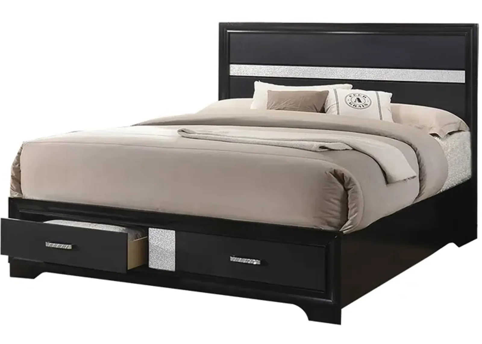 Wooden Eastern King Size Bed with 2 Storage Drawers, Black and Silver-Benzara