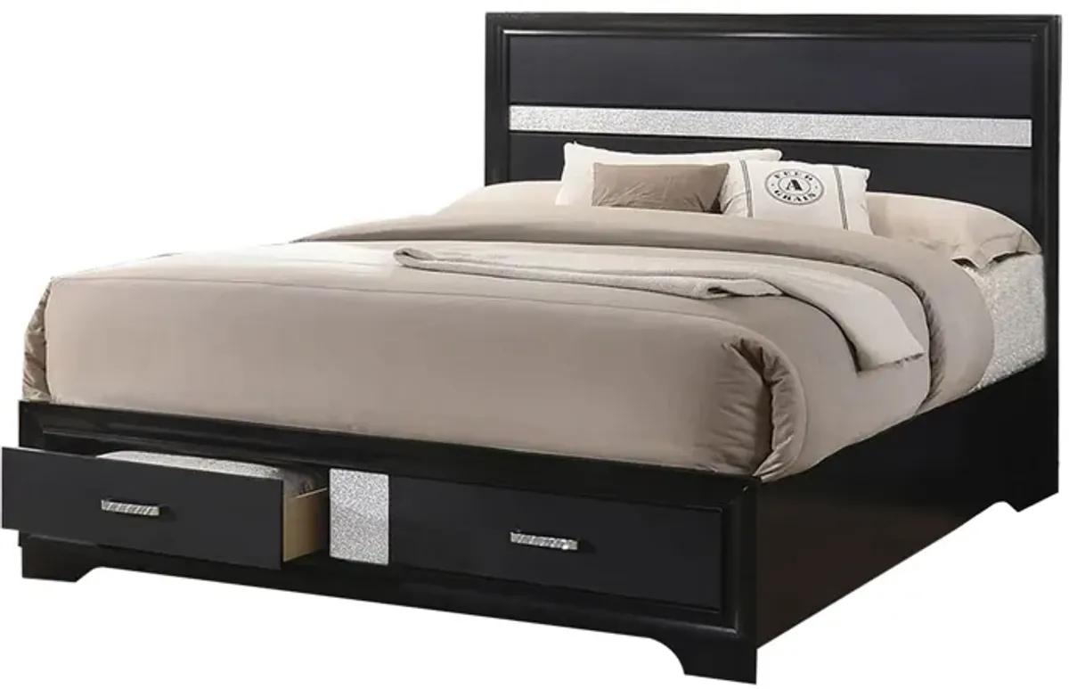 Wooden Eastern King Size Bed with 2 Storage Drawers, Black and Silver-Benzara