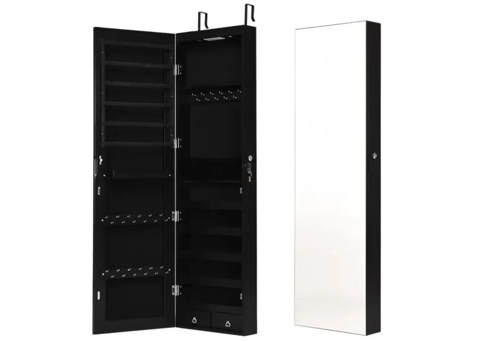 Hivvago Wall and Door Mounted Mirrored Jewelry Cabinet with Lights