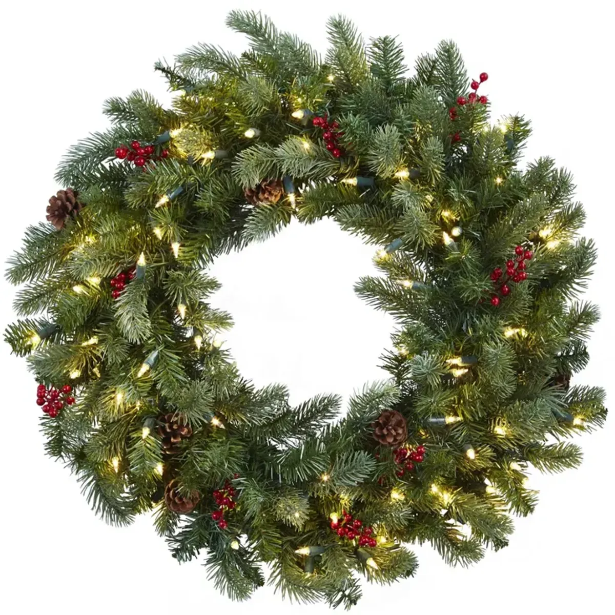 Hivvago 30" Lighted Pine Wreath w/Berries & Pine Cones
