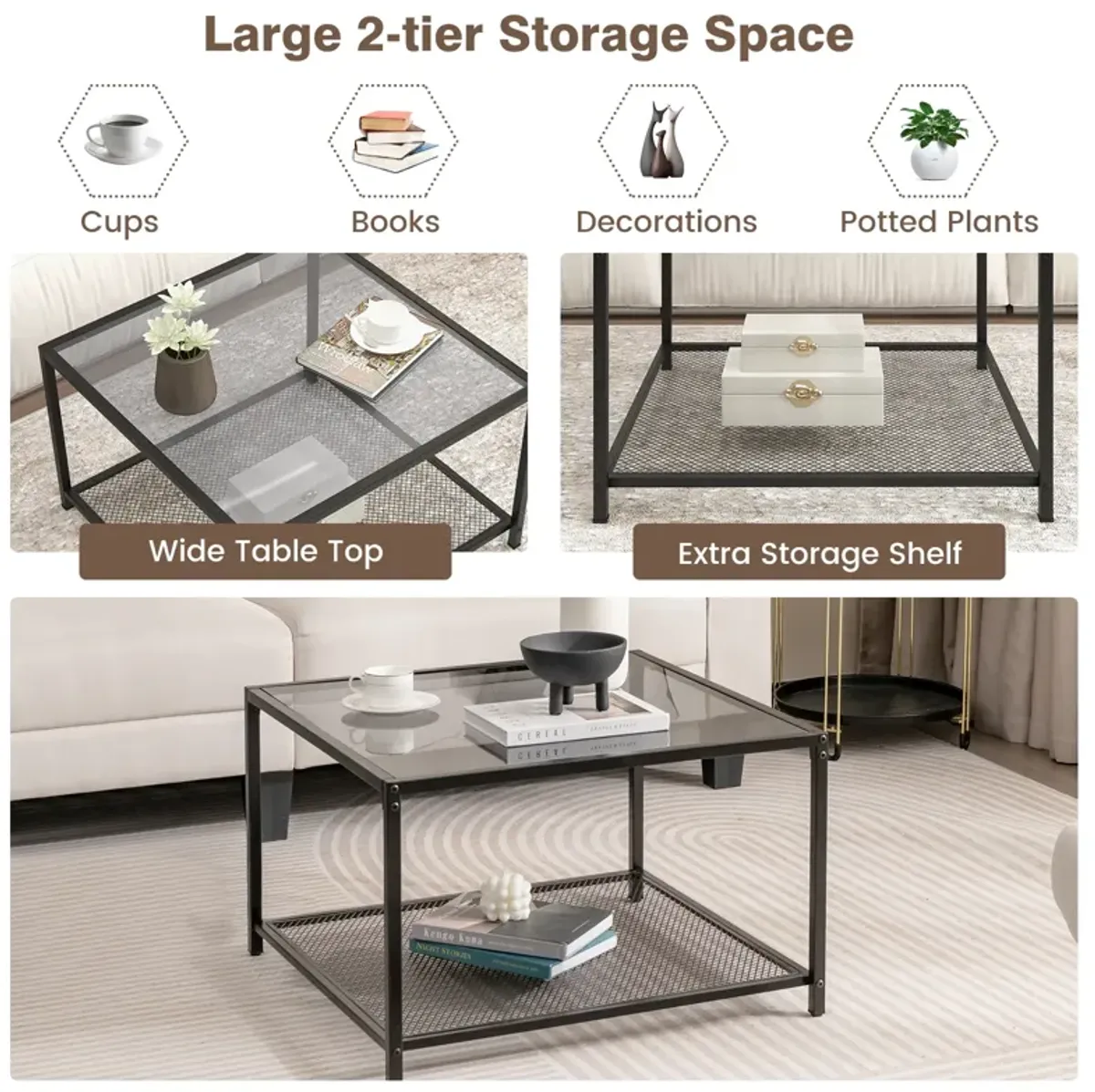 Modern 2-Tier Square Glass Coffee Table with Mesh Shelf