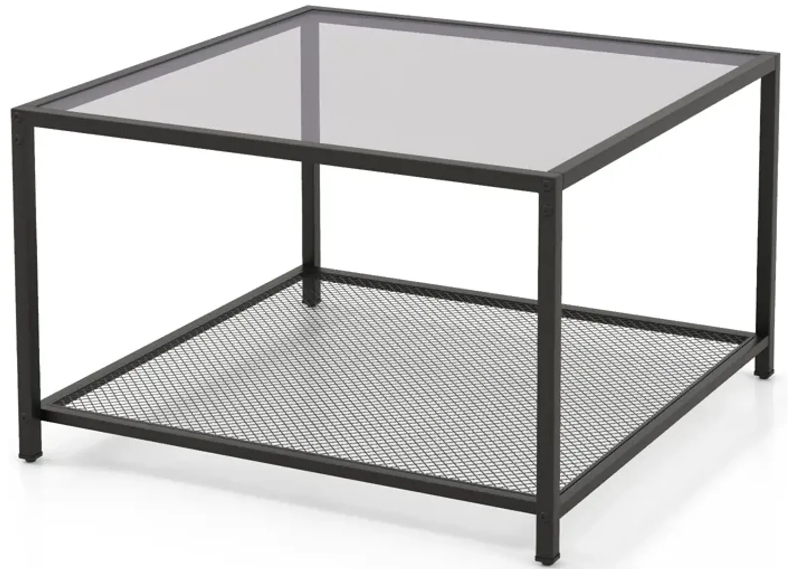 Modern 2-Tier Square Glass Coffee Table with Mesh Shelf