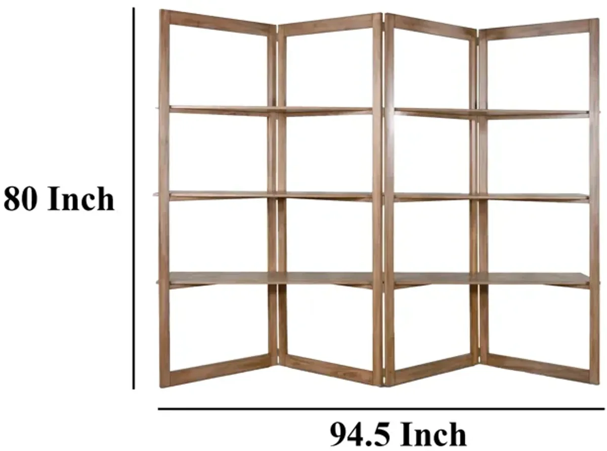 Room Divider Bookcase Storage, 3 Display Shelves, Brown Wood 95 Inch - Benzara