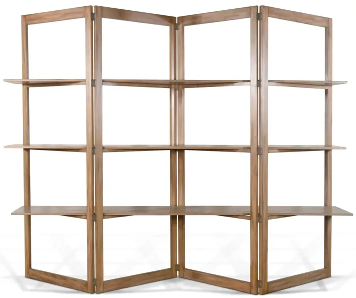 Room Divider Bookcase Storage, 3 Display Shelves, Brown Wood 95 Inch - Benzara