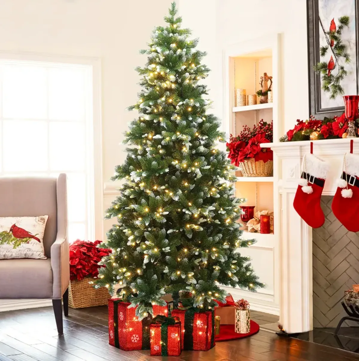 LuxenHome 7.5Ft Pre-Lit Snow-Kissed Artificial Christmas Tree