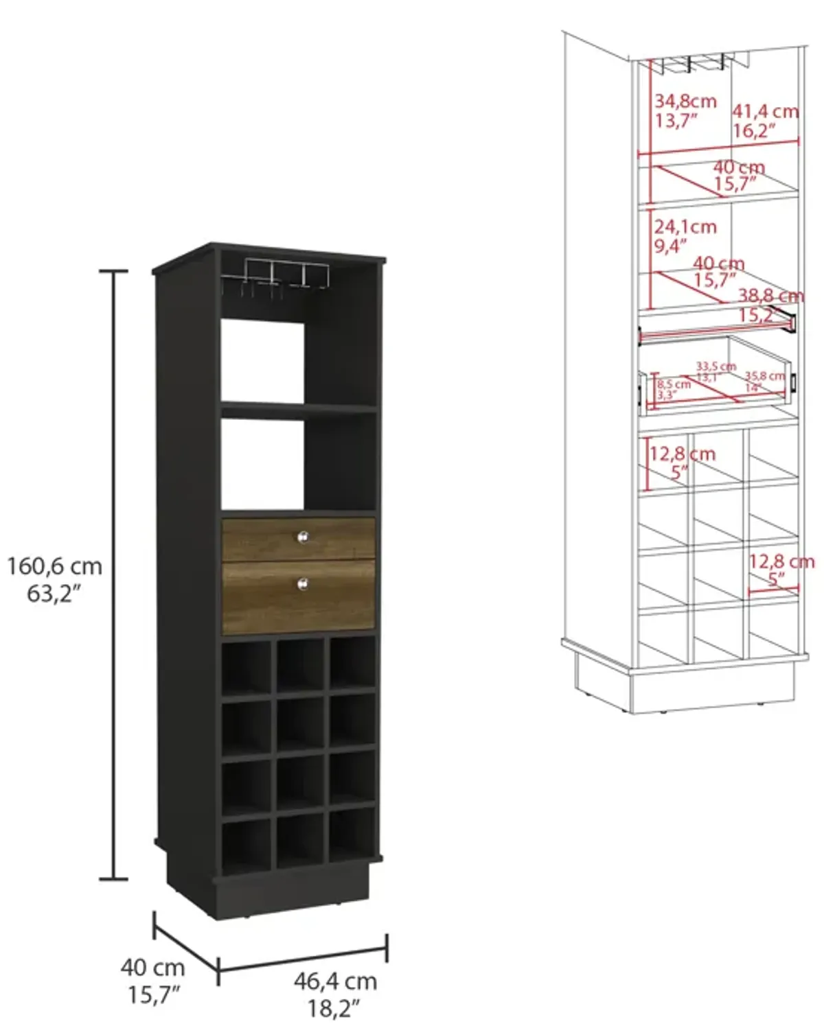 Bar Cabinet Bureck, Living Room, Black / Walnut