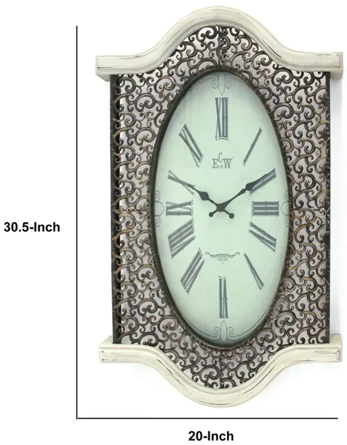 Wall Clock with Scalloped Wooden Top and Bottom, White-Benzara