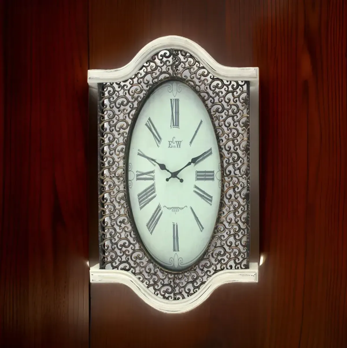 Wall Clock with Scalloped Wooden Top and Bottom, White-Benzara