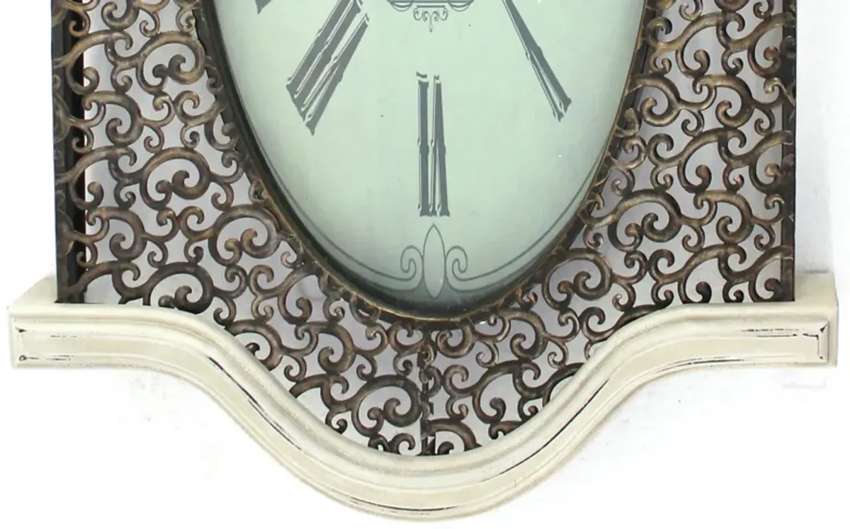 Wall Clock with Scalloped Wooden Top and Bottom, White-Benzara