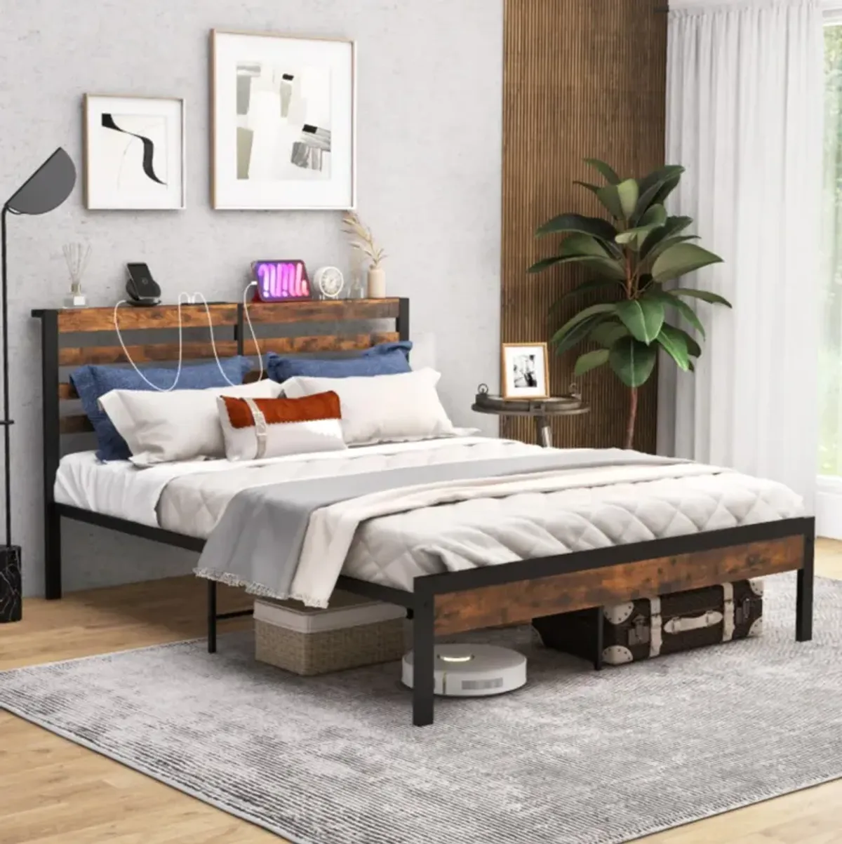 Hivvago Bed Frame with Charging Station and Storage Headboard