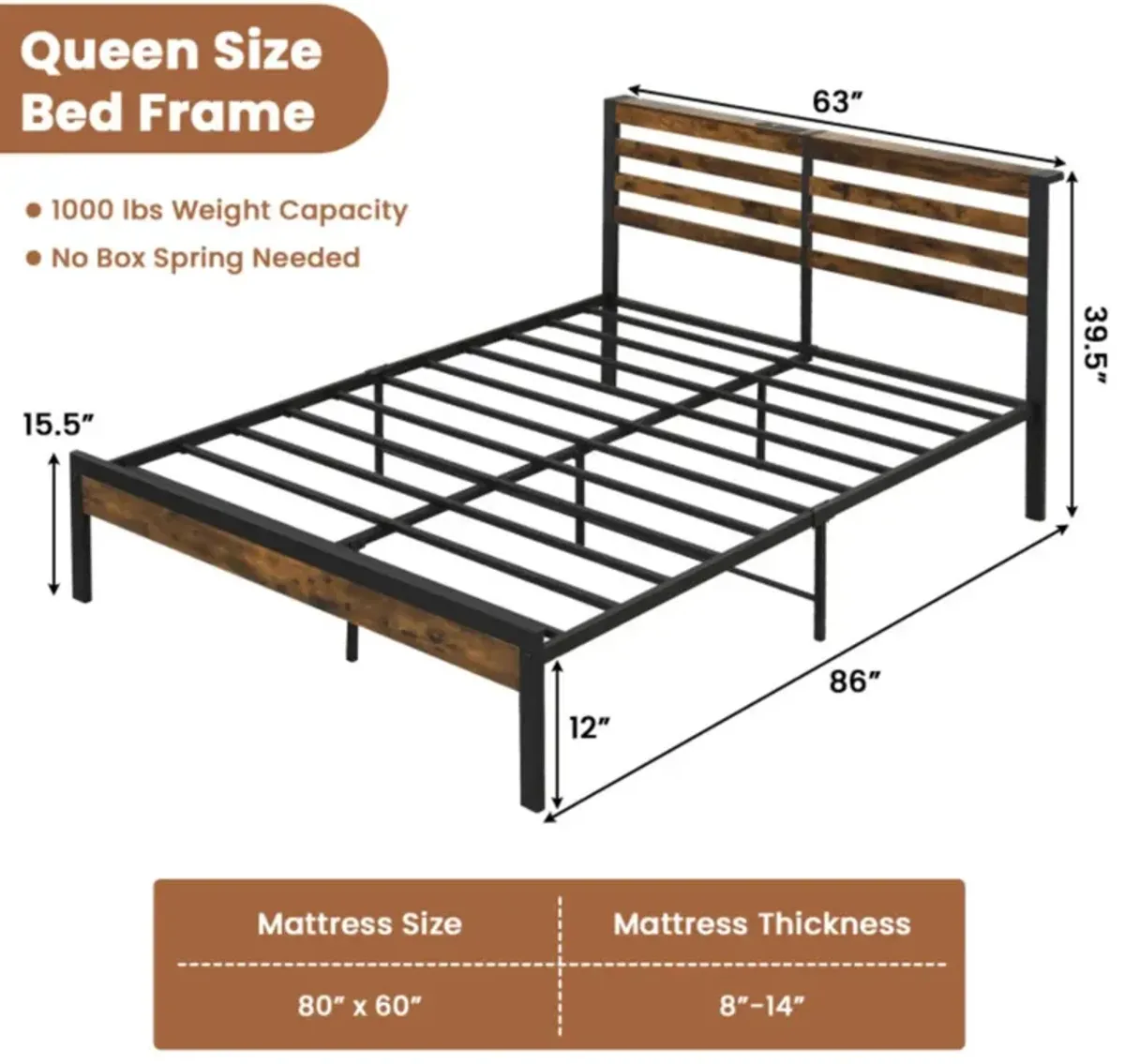 Hivvago Bed Frame with Charging Station and Storage Headboard