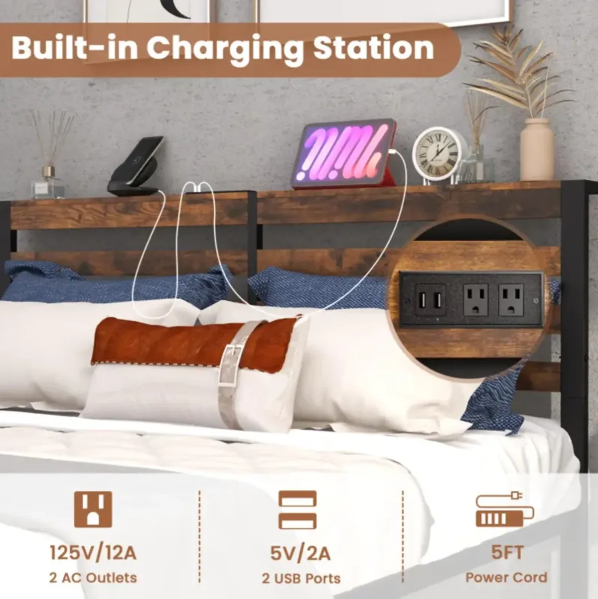 Hivvago Bed Frame with Charging Station and Storage Headboard