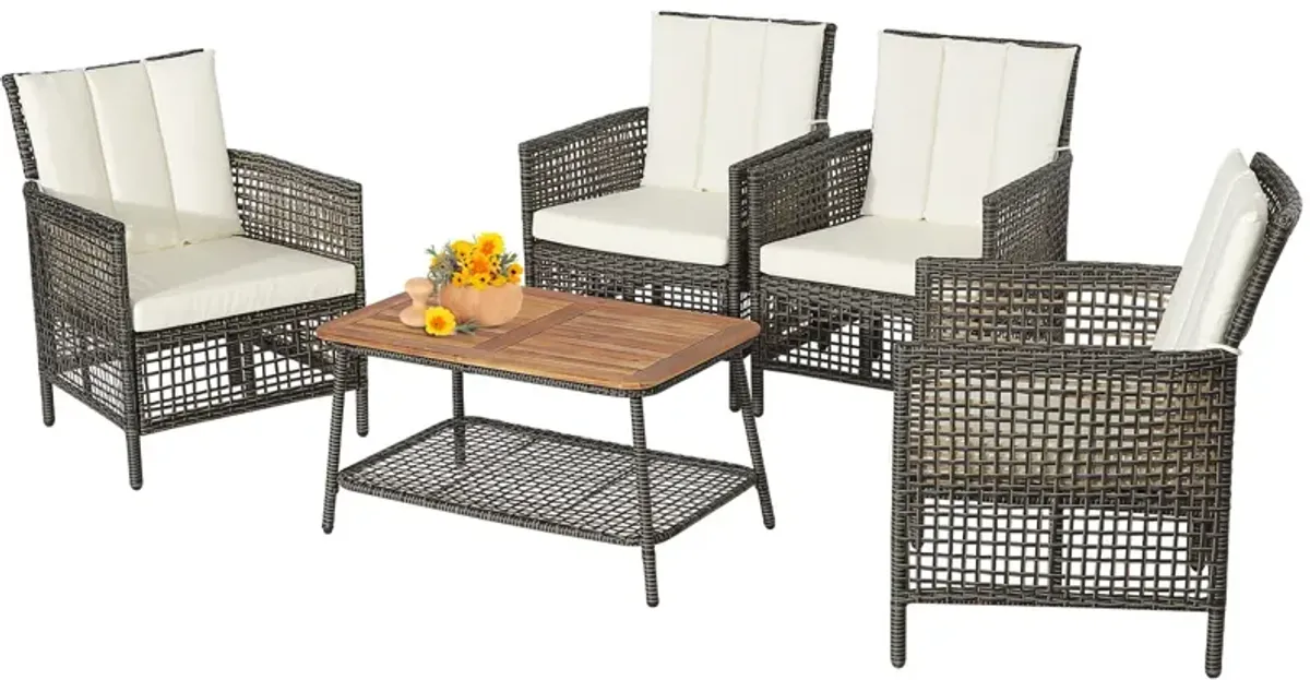 5 Pieces Patio Rattan Furniture Set Cushioned Sofa Armrest Wooden Tabletop