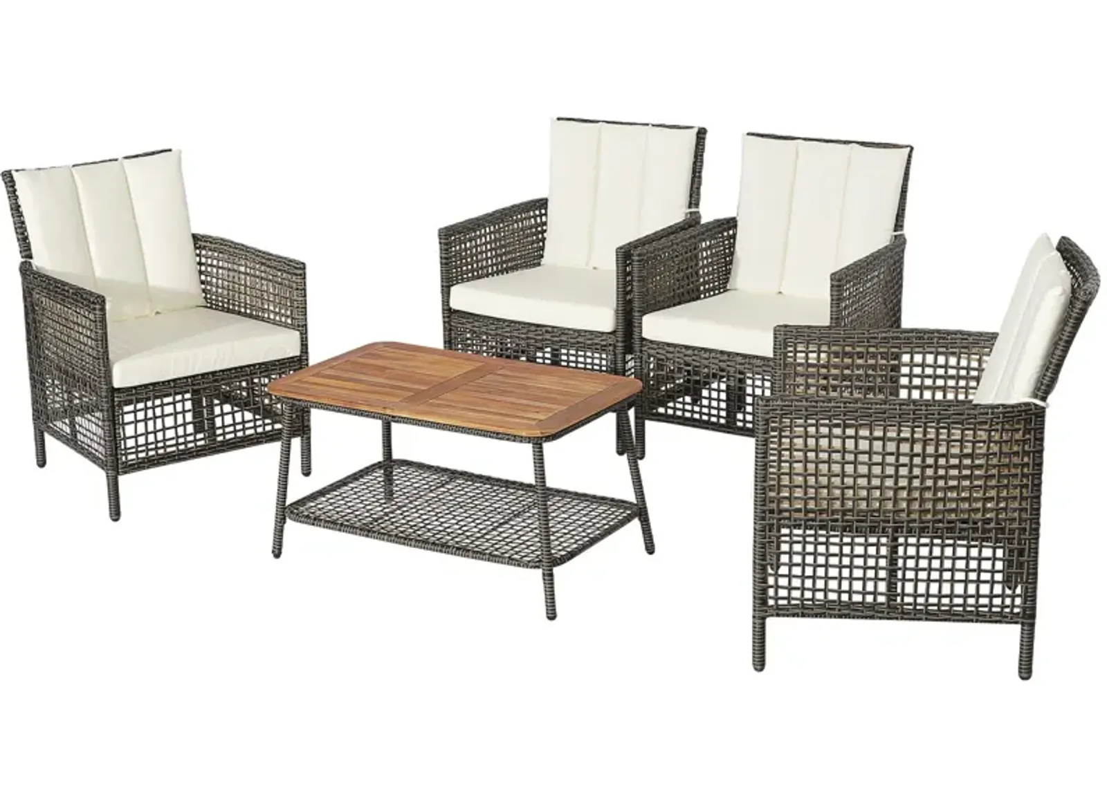 5 Pieces Patio Rattan Furniture Set Cushioned Sofa Armrest Wooden Tabletop