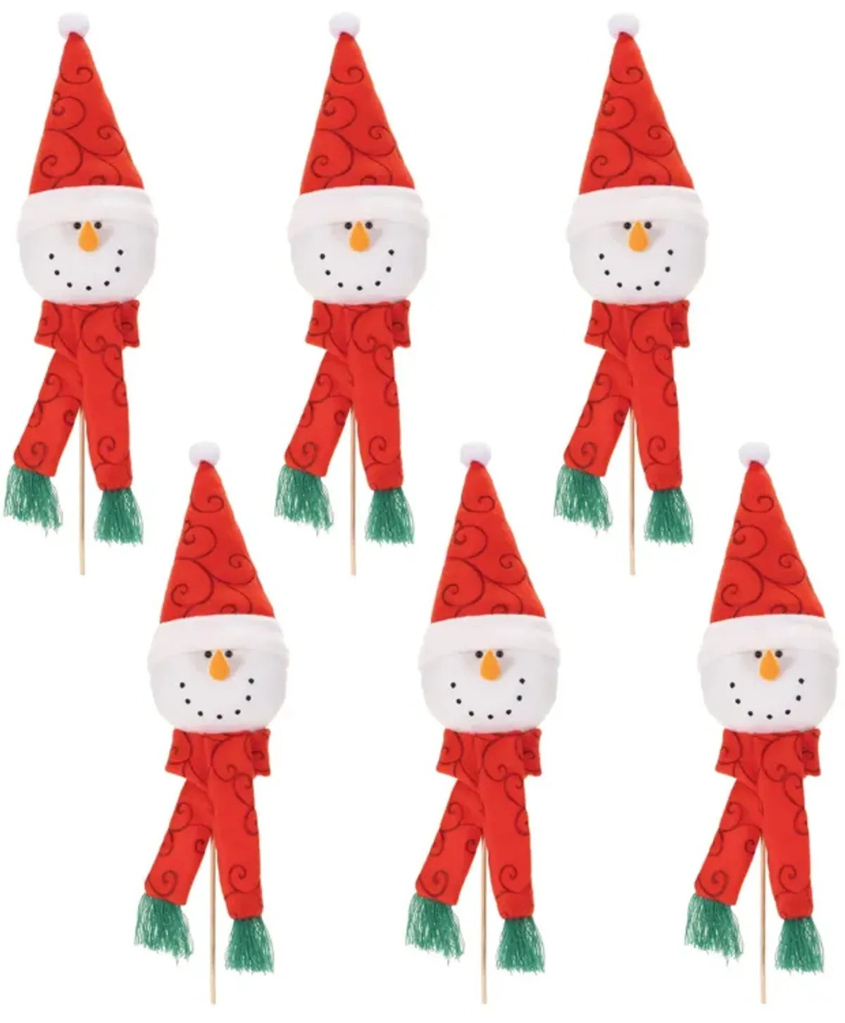 Plush Snowman Head Ornament Picks Set of 6 for Christmas Tree or Festive Styling