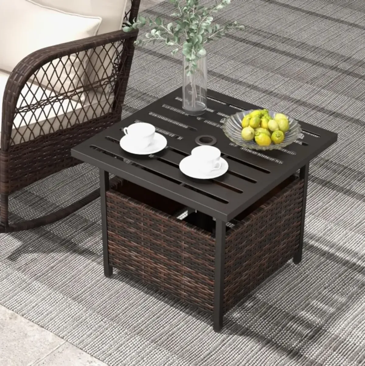 Hivvago Outdoor Patio Rattan Wicker Steel Side Deck Table