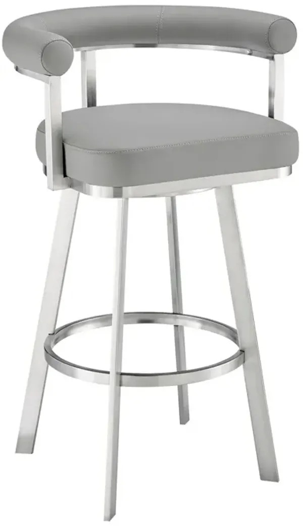 Gini 26 Inch Swivel Counter Stool, Round Back, Chrome, Gray Faux Leather - Benzara