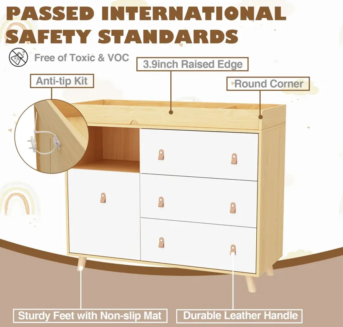 4-Drawer Brown Wood 44.9 in. W Kids Low Dresser Storage Organizer Cabinet With Changing Table Open Shelf